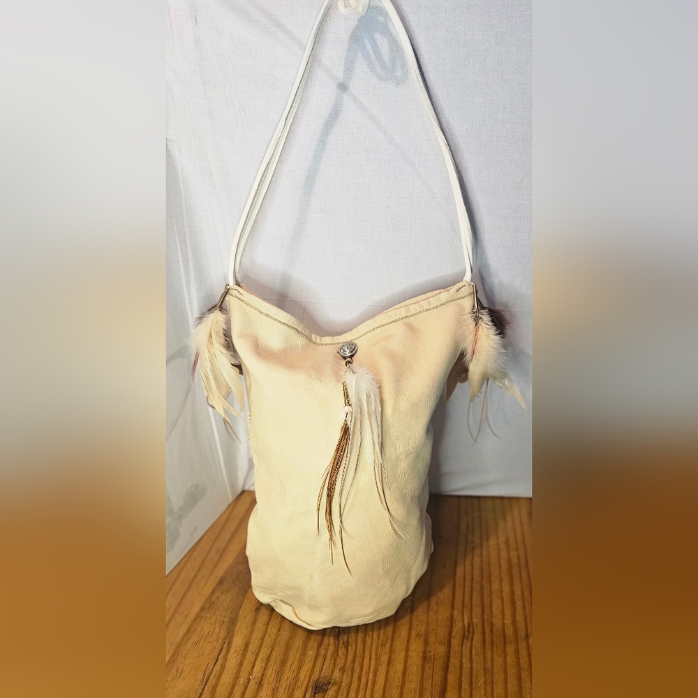 Cream Feather-Embellished Indian Women's Bag